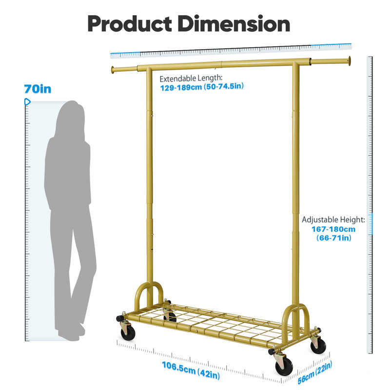 Heavy Duty Clothes Rail 238kg (525lbs) Capacity, Extendable Hanging Rack with Lockable Wheels & Shelves, Gold