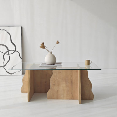 Modern Coffee Table with 100% Tempered Glass Top, Sapphire Oak Frame, 25.6 x 15.7 x 39.4 inches | 100% Melamine Coated Particle Board, PVC Edgebands | Sleek Design for Living Room & Contemporary Spaces