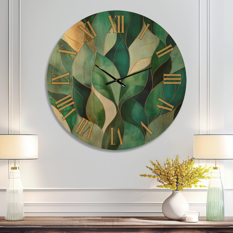 Horloge murale silencieuse Art Déco « Cascade de feuilles d'émeraude », imprimée sur bois, Extra Large