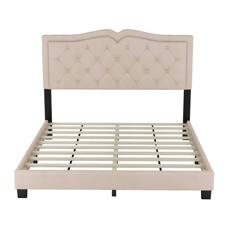 Upholstered Bed Frame with Rivet Design, Modern Velvet Platform Bed with Tufted Headboard, Beige, Queen