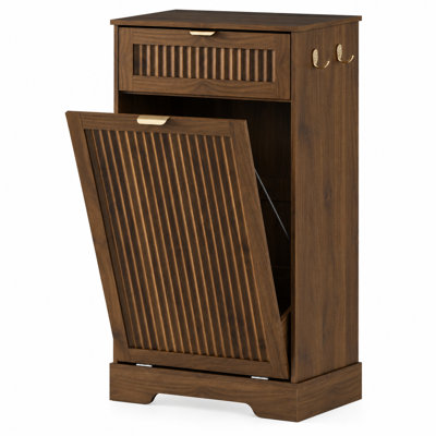 10 Gallon Tilt Out Trash Can Cabinet, Fluted Hidden Trash Cabinet with Drawer & Hooks for Kitchen & Bathroom (Trash Can Not Included)  