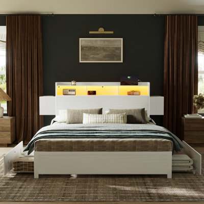 Livia Full Bed Frame with 2 Underbed Drawers, Modern Platform Bed with Charging Station & LED Light, Storage Headboard with 2 Bedside Drawers & Open Bookcase Shelves, White