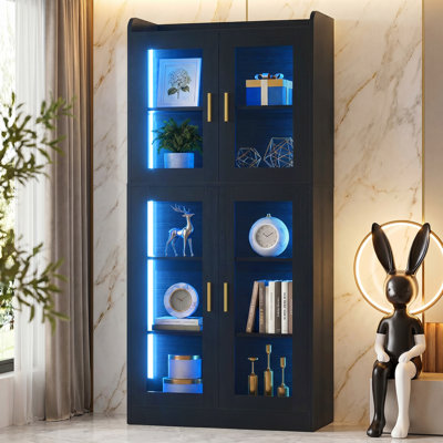 Bibliothèque de 67 po en verre, 5 tablettes de rangement à 5 niveaux avec lumières DEL, bibliothèque
