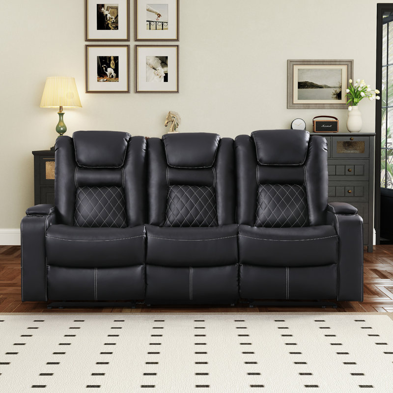Canapé de cinéma en cuir de qualité supérieure avec rembourrage en cuir haut de gamme de 82,68 po Buchu avec ports USB, porte-gobelets et compartiment de rangement