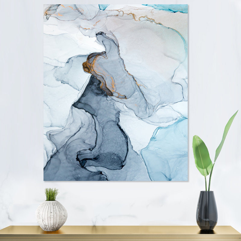 Gris et bleu marbré art ondulations - art mural moderne sur toile, H 44 po x l 34 po x P 1,5 po, Toile tendue