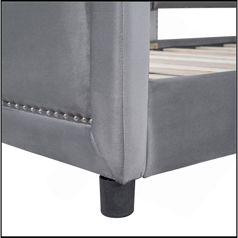 Twin Size Upholstered Daybed With Classic Stripe Shaped Headboard, Combining Comfort And Contemporary Style For Modern Living Spaces.
