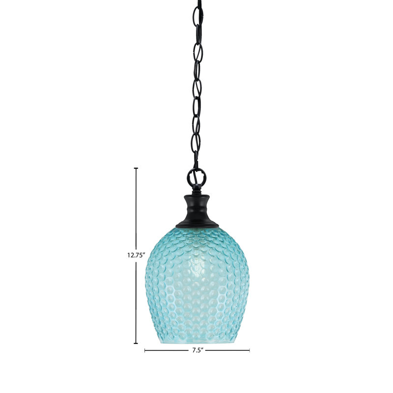 Luminaire suspendu Quapaw Zola avec verre texturé turquoise 7,5 po, Noir mat