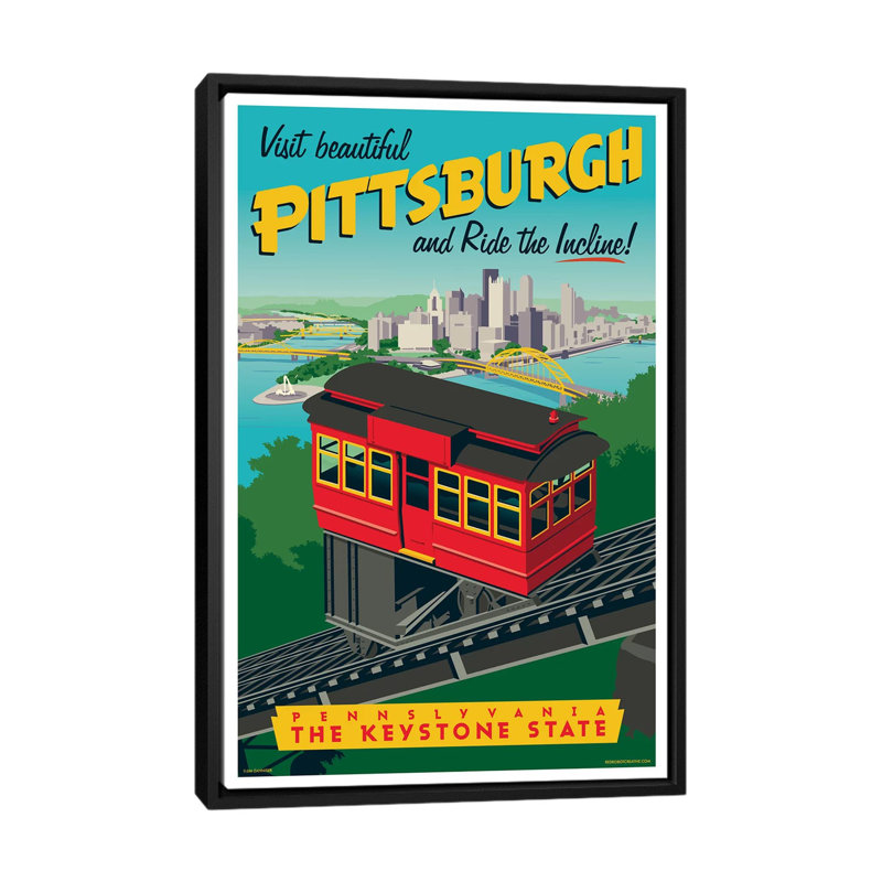 Affiche de voyage inclinée Pittsburgh par Jim Zahniser-impression d’art graphique, Pas de tapis, Toile avec cadre noir
