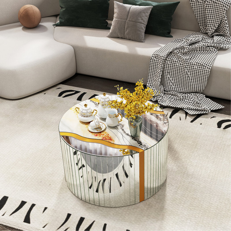 Table basse ronde moderne à motif de marbre blanc avec finition miroir argentée | Idée de cadeau, Argent argent