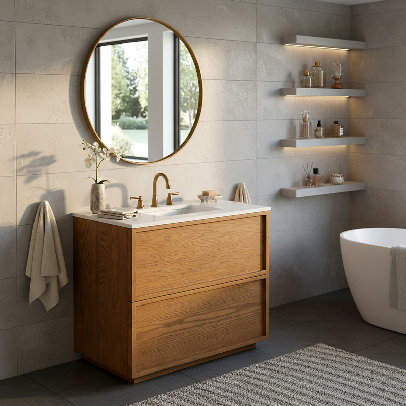 Meuble-lavabo simple 36 po Benajah, Chêne médium