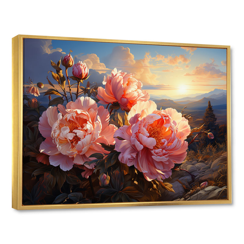 Pivoines magiques au coucher du soleil I, H 34 po x l 44 po x P 1,5 po, Cadre flottant doré