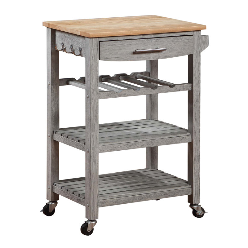 Michelle 4 Tier Butcher Block Kitchen Cart with Drawer and Wine Rack, Wirebrush Light
