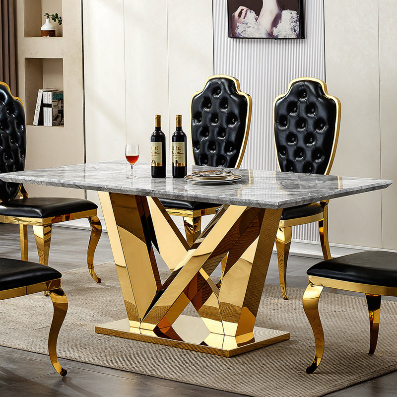 Table de salle à manger en marbre pour 6 personnes, table de salle à manger rectangulaire en faux marbre 70 po avec base en acier inoxydable à finition miroir, table de cuisine moderne en marbre de grande taille (doré, gris) (SEULEMENT TABLE)