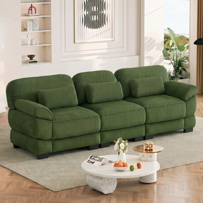 Cloud Couch Oversize 3-Seater Sofa, Modern Sleek Minimalist Modular Sectional Couch, Comfy Thick Seat Cushions, Breathable Corduroy Fabric, Green for Living Room Bedroom Apartment
