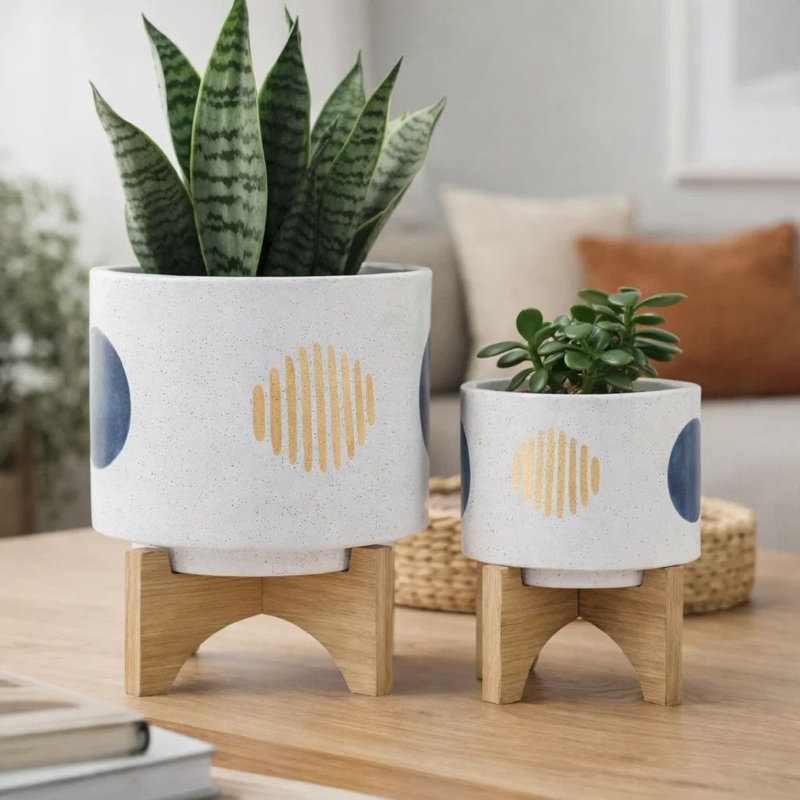 Ensemble de 2 pots à fleurs Funky, support en bois, rayures bleues dorées sur céramique blanche