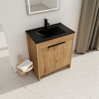 Meuble-lavabo autoportant avec lavabo et portes à fermeture en douceur - évier en céramique noir 30 po avec poignée réglable en métal