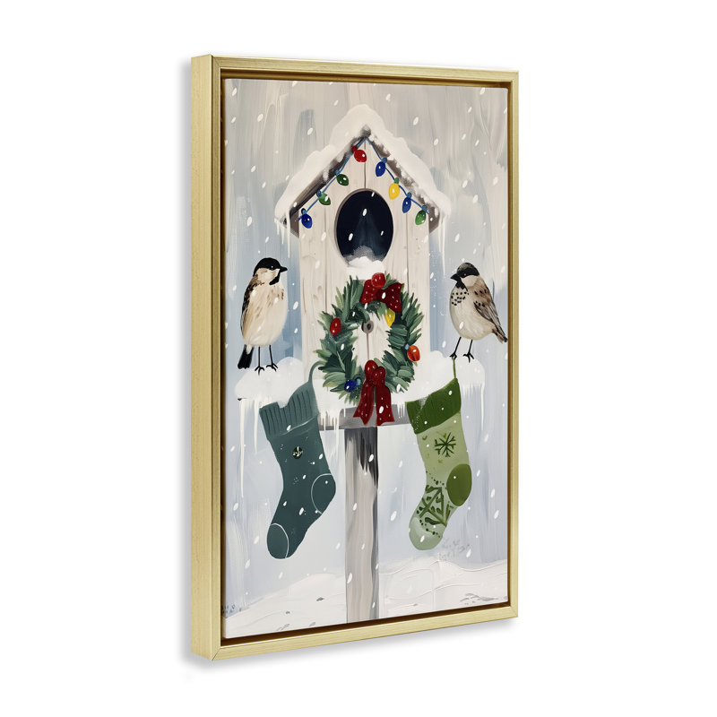 Cadre flottant Festive Christmas Birdhouse, design par Arlington Prints, H 25 po x l 17 po, Cadre flottant métallique doré
