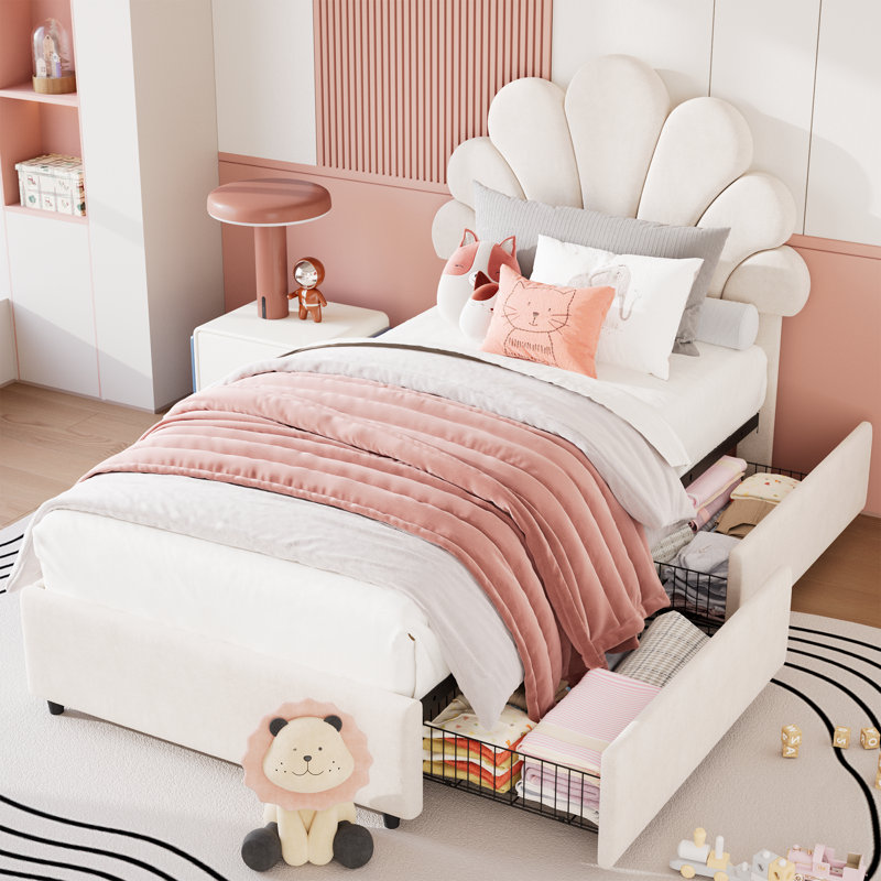 Twin Size Upholstered Platform Bed Frame Cute Princess Style Velvet Headboard with 2 Storage Drawers, Solid Wood Slats Support, No Box Spring Needed, Easy Assembly, White