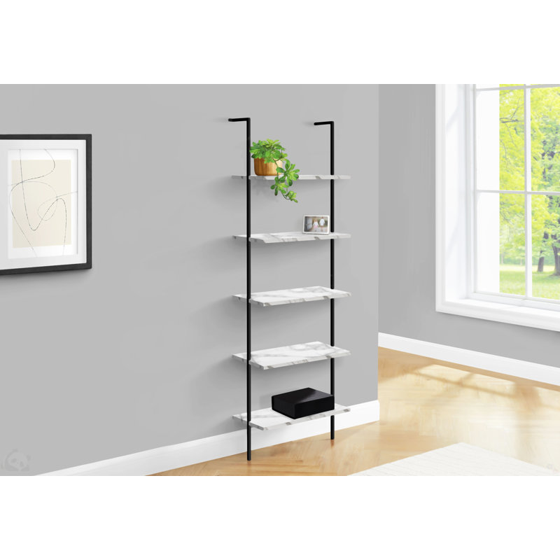 Cara72 Inch Etagere Bookcase, 5 Tier Ladder Display Shelves, White Marble-look, White/Black
