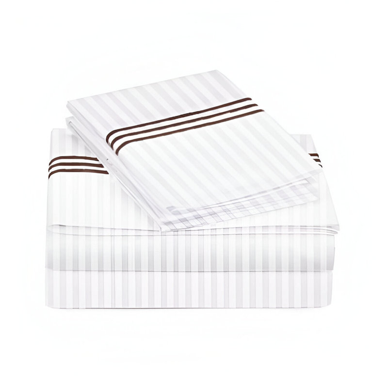 400TC Triple Embroidery Sateen Stripe Cotton 4 Piece Sheet Set Fitted Sheet Fits Upto 16" Deep Pocket, Chocolate Border