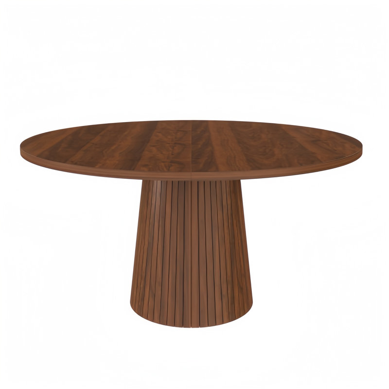 47 Inch Round MDF Dining Table For 4, Modern Farmhouse Kitchen Table With Wood Strip Base For Living Room, Walnut