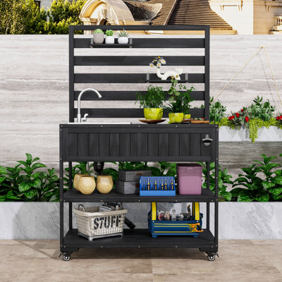 Îlot de cuisine extérieur avec évier en acier inoxydable, roues verrouillables, tablettes de rangement et ouvre-bouteille intégré