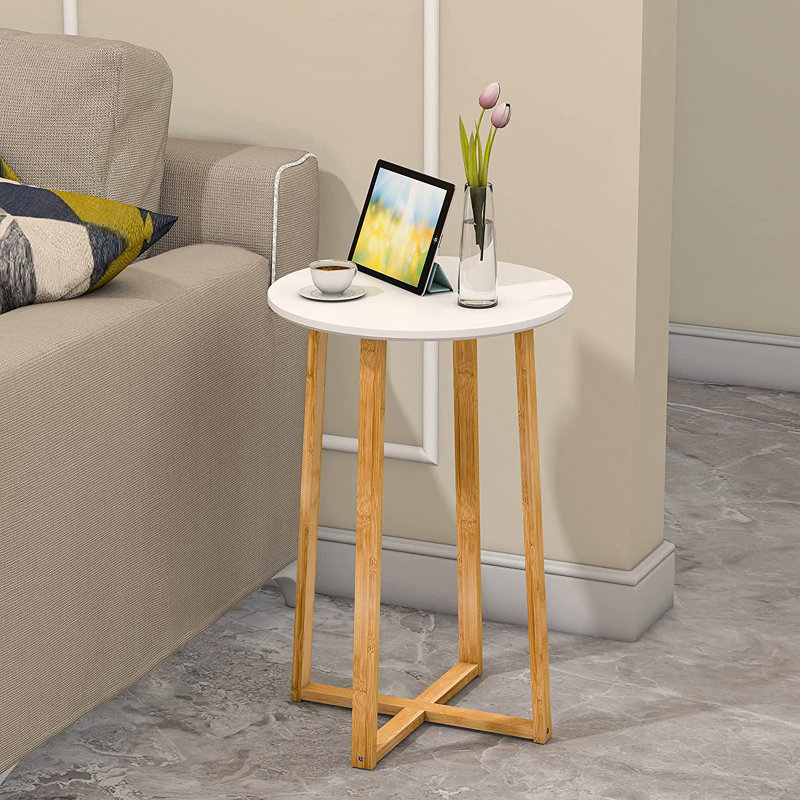 Table d'appoint pour table de bout de salon - pour canapé et table de chevet ronde avec pieds robustes en bambou, Blanc