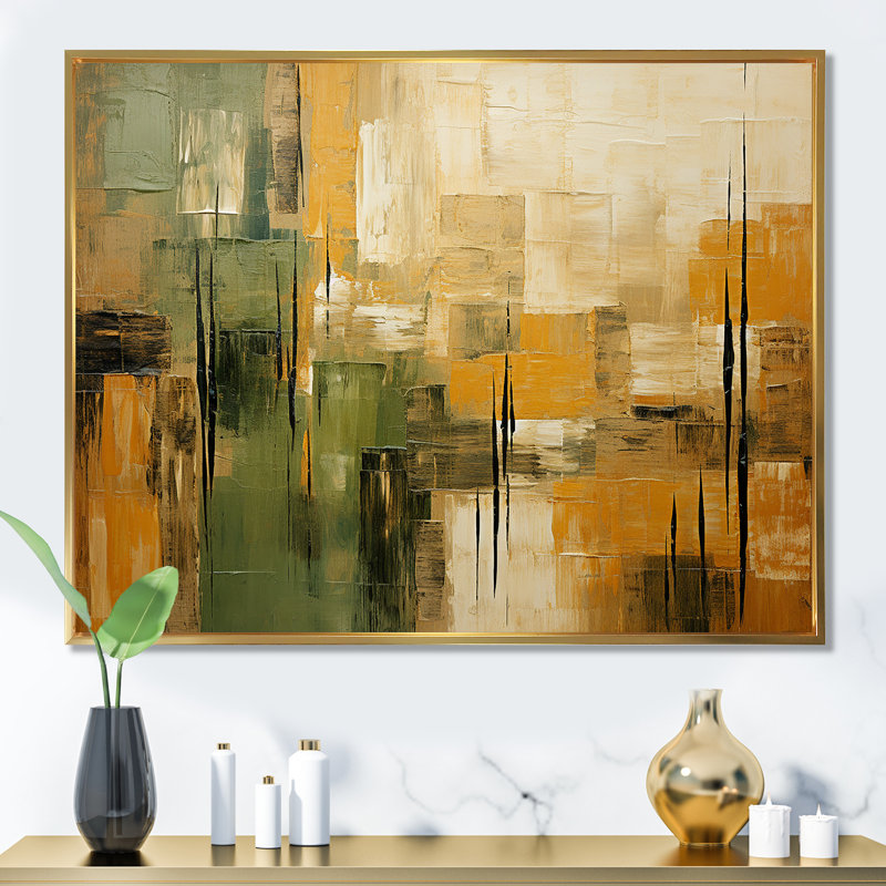 "Green beige Wild Essence Collage I - Tachisme", art mural sur toile, H 30 po x l 40 po, Reproduction avec cadre flottant