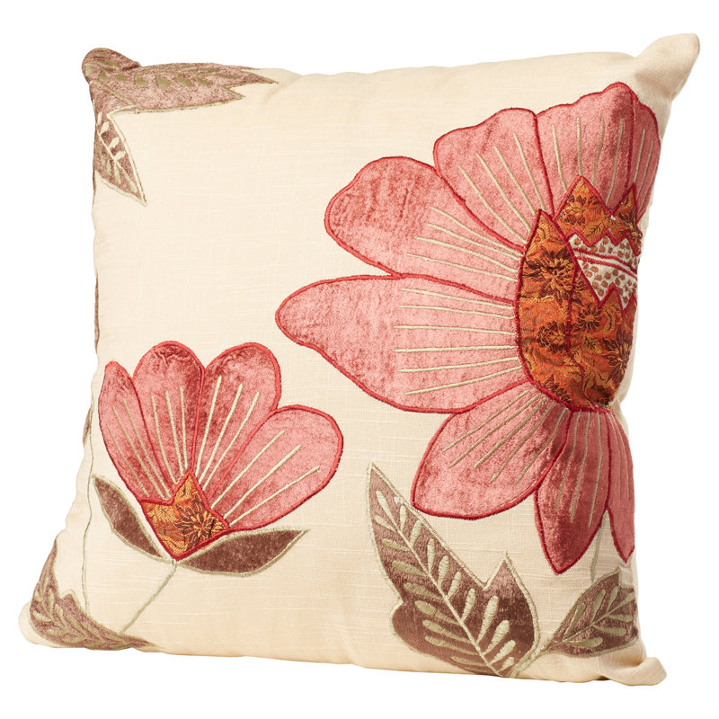 Beige and Red Floral Embroidered Cotton Velvet Throw Pillow