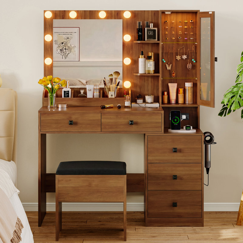 Vanity Desk with Mirror and Lights, Makeup Vanity with 5 Drawers and Hidden Jewelry Organizer, Walnut