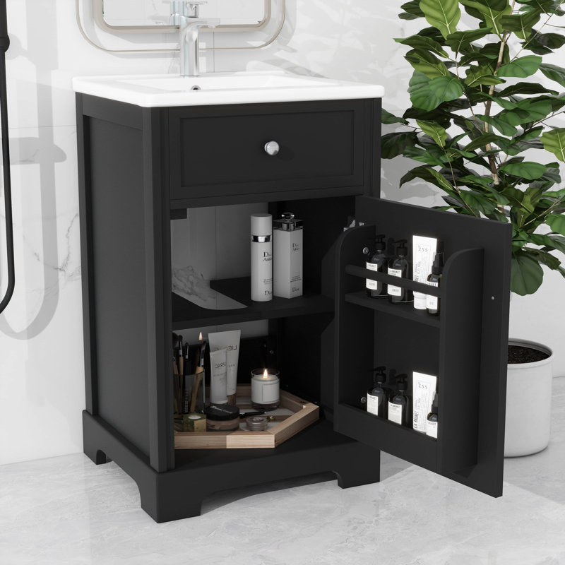Meuble-lavabo de 20 po avec lavabo et étagère de rangement à fermeture douce, meuble de salle de bain moderne autoportant à tablette réglable avec lavabo en céramique