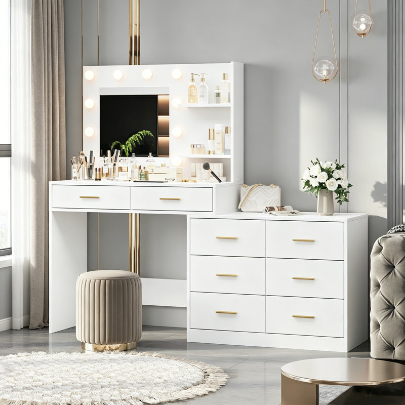 Meuble-lavabo moderne avec grand miroir à DEL - 8 tiroirs, tablettes à 2 niveaux, éclairage réglable, rangement spacieux, conception anti-basculement pour la chambre à coucher, blanc