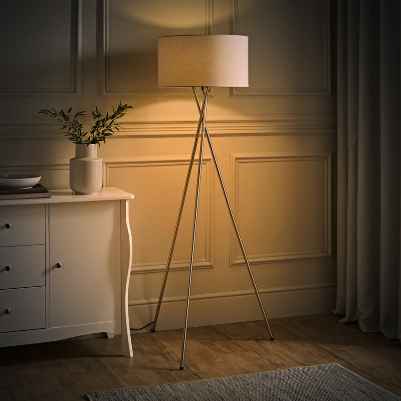 Misner 155cm Camden Tripod Floor Lamp with Large Reni Shade, White, Polished Chrome , Yes