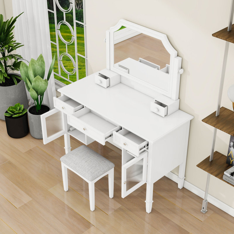 Bureau de coiffeuse avec miroir ajustable, 5 tiroirs, armoires et tabouret rembourré