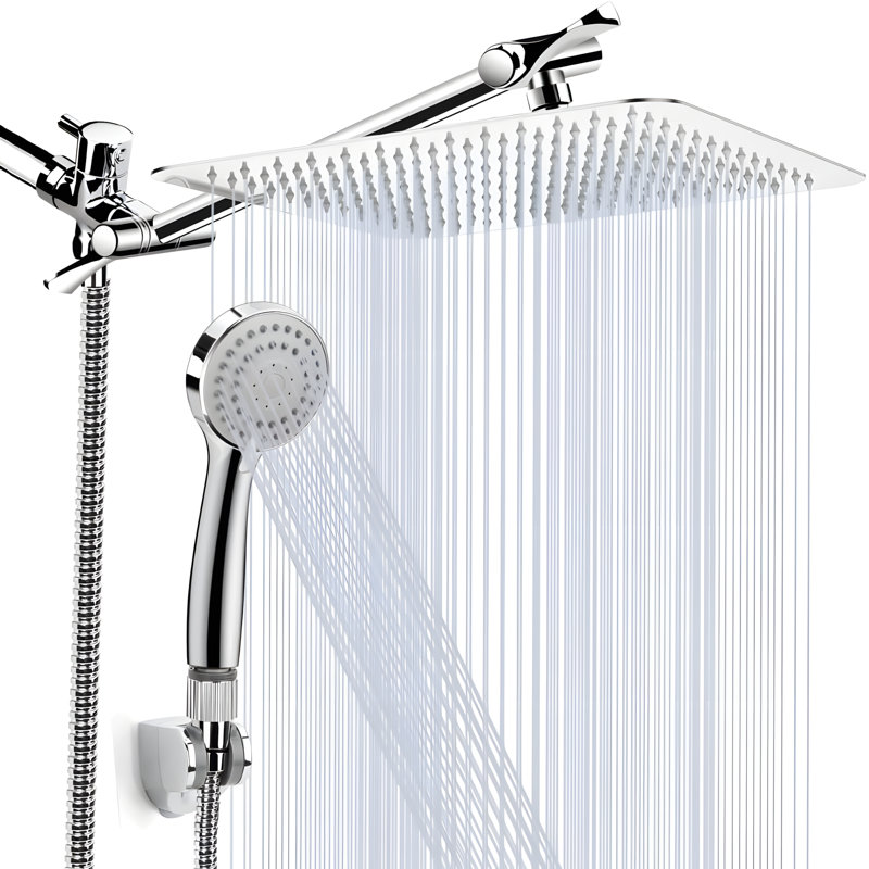 Shower System: 8-Inch Square Rainfall & Handheld Shower Head Combo With Adjustable Extension Arm
