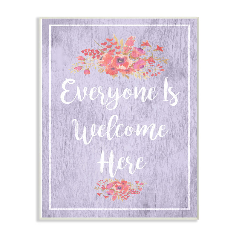 « everyone is welcome purple floral », impression, H 15 po x l 10 po x P 0,5 po, Plaque murale