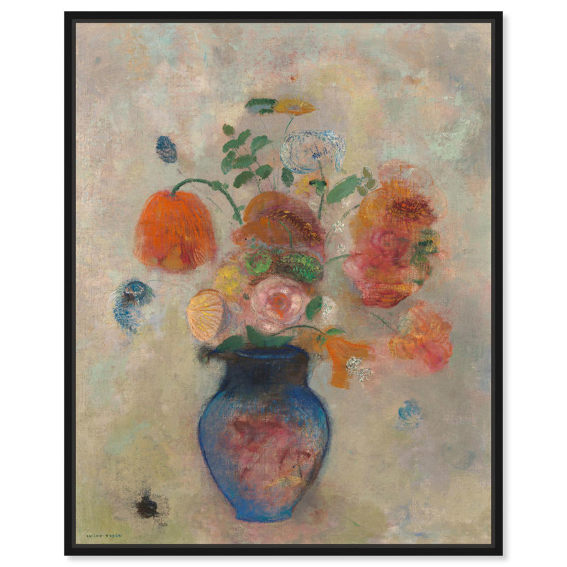 Vase avec fleurs 1990 par Art Remedy, Noir, H 21 po x l 17 po, Floater Frame