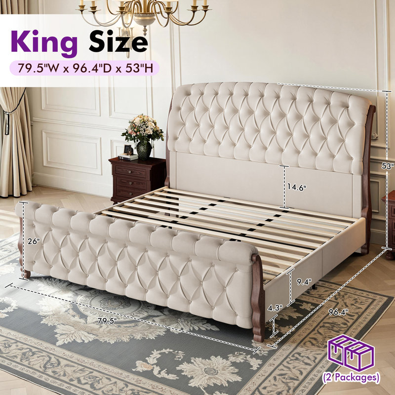 Dulane King Size Tufted Upholstered Sleigh Bed, Modern Chenille Platform Bed Frame, No Box Spring Required, cream, Cream