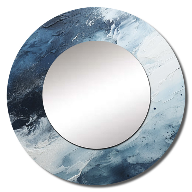 Ruud Minimalism Black And Blue Paint Wave I - Coastal Decorative Mirror, Blue Round Wall Mirror, Printed Metal Art, 36" x 36"
