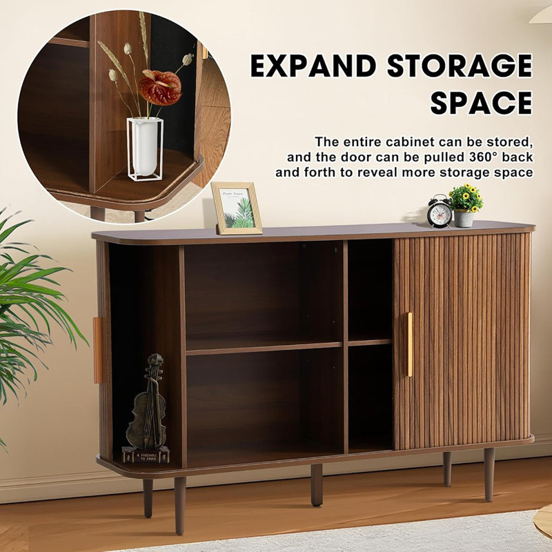 Buffet avec portes tambour rond et tablettes réglables - Brun