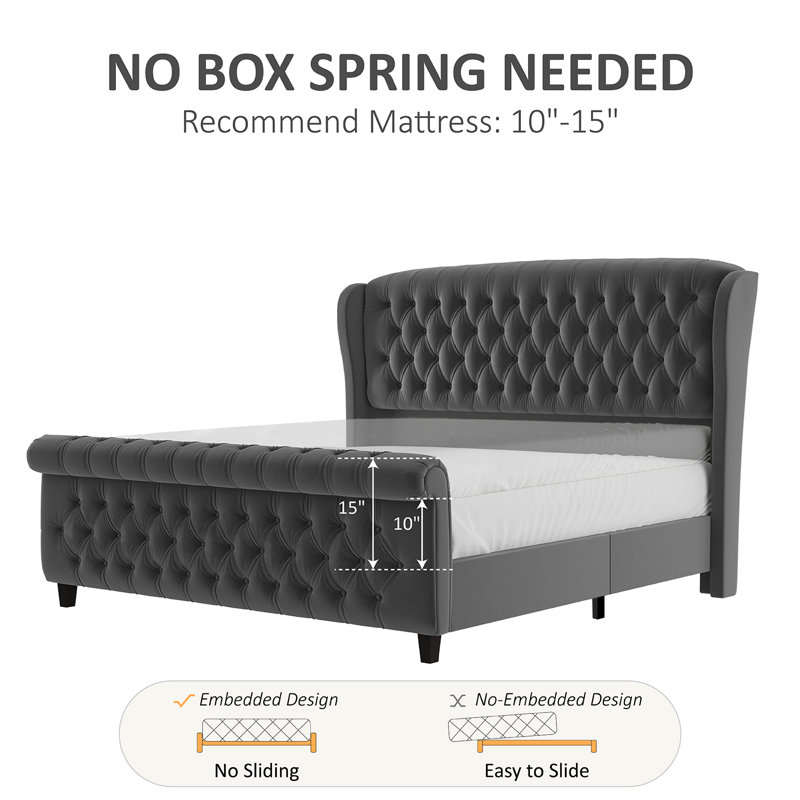 Gray Velvet Queen Platform Bed with Tufted Headboard and Footboard
