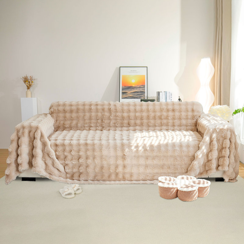 1-Piece Faux Fur Box Cushion Slipcover, Light Tan, 71" H x 118" W