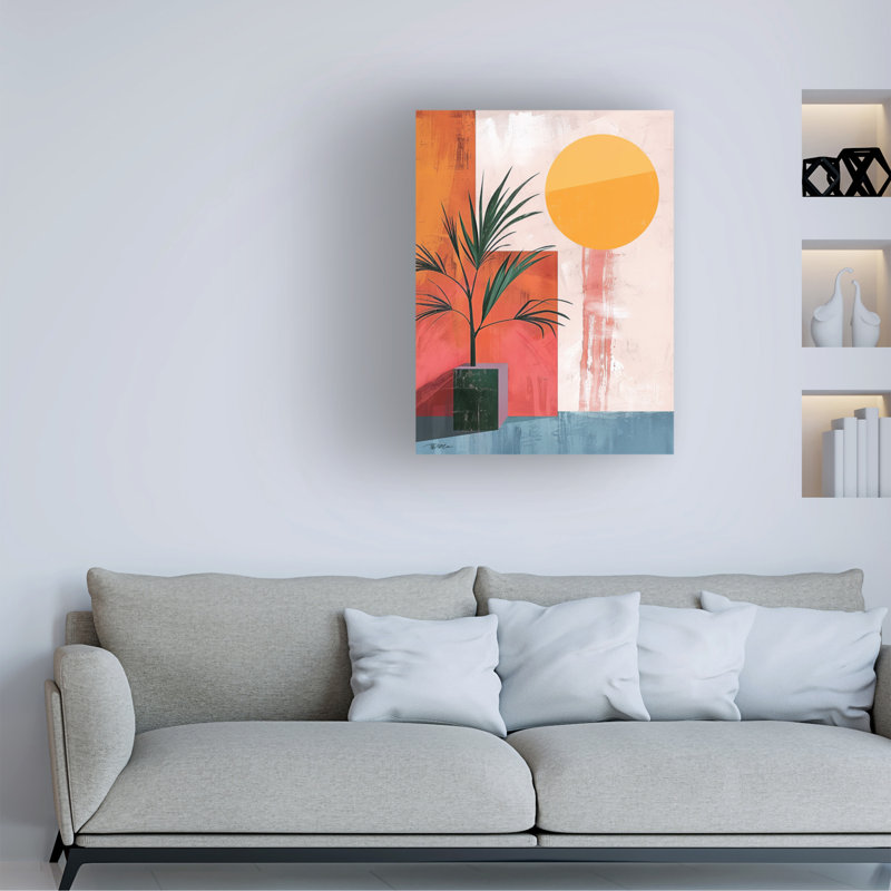 Œuvre bolognaise sur fond rose, lune et soleil, H 24 po x l 32 po