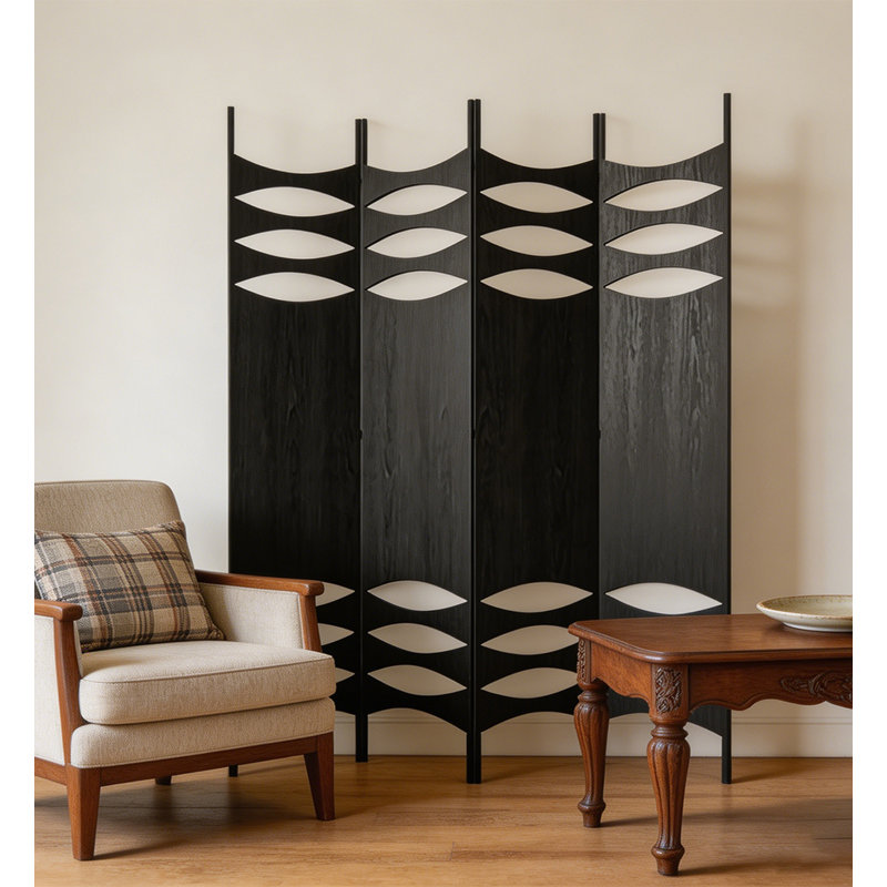 Paravent de chambre pliable Mid-Century, 4, H 70,9 po x l 63 po x P 0,8 po, Noir