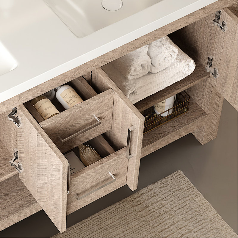 Meuble-lavabo 60 po, 2 lavabos, acrylique, rangement en contreplaqué, chêne, 4 portes, tiroirs, pré-assemblé, meuble-lavabo radiant avec deux lavabos, lavabo intégré en acrylique, unité de rangement, tablette ouverte, blanc