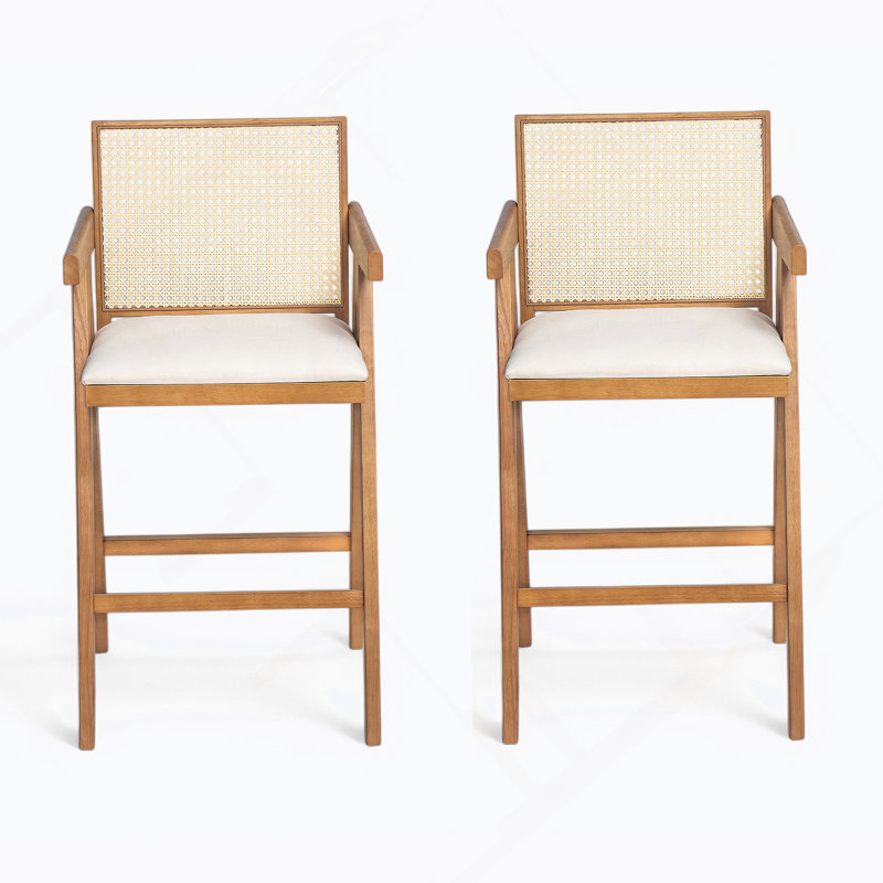 Tabouret de bar confortable en tissu rembourré de mousse avec une structure en bois d'hévéa durable et un dossier en plastique de canne tissé pour le bar et la cuisine