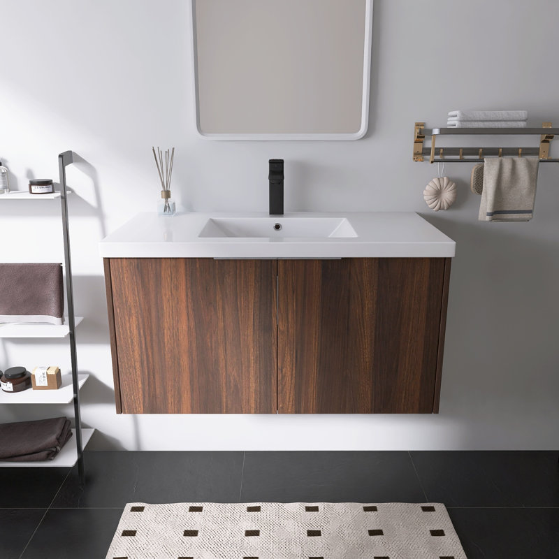 Ensemble de meuble-lavabo simple mural avec plateau en résine Acorn Finish, H 19,38 po x l 36 po x P 18,18 po, Brun