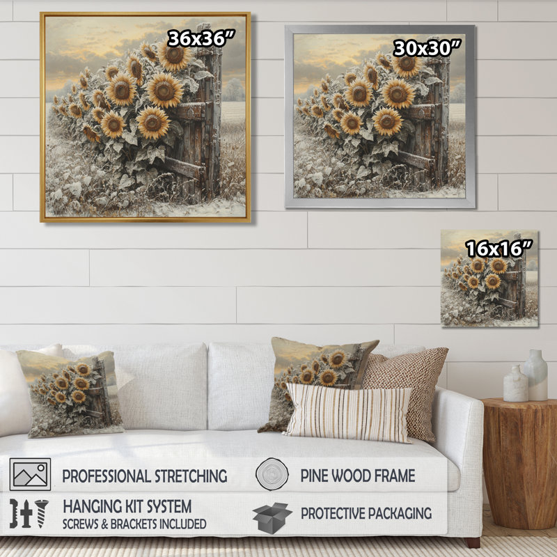 Champ de tournesols d'hiver à Djavon, clôture de grange I - art mural tournesols, Impression encadrée flottante, Crème, crème
