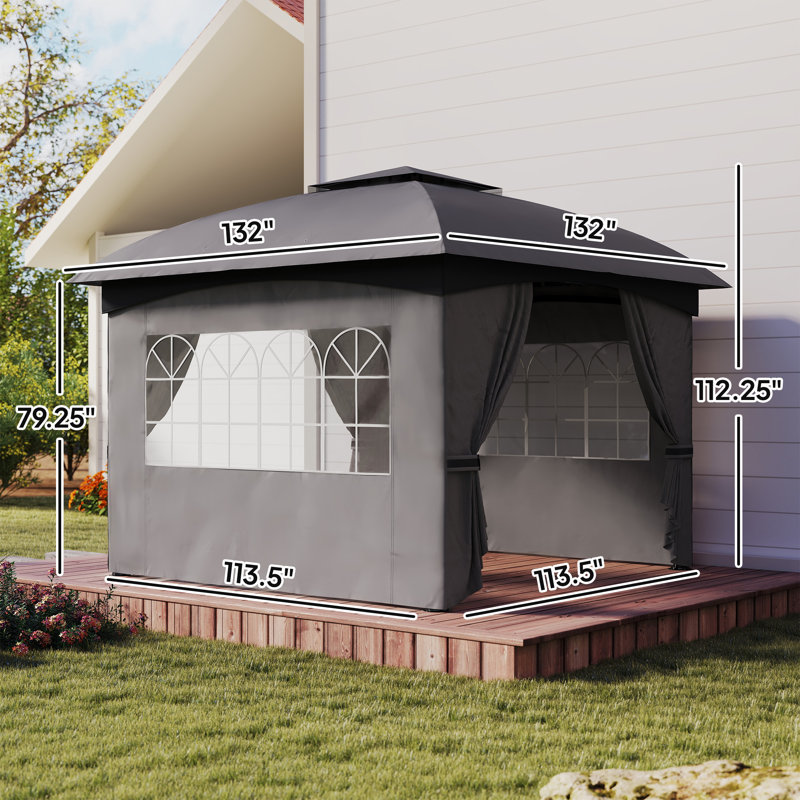 Pavillon de jardin d'extérieur 11 'x 11' avec rideaux, fenêtres d'églises, structure en acier galvanisé pour pelouse, cour et terrasse, gris foncé