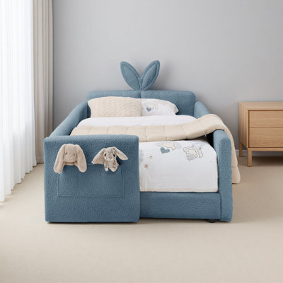 Lit plateforme tapissier simple avec tête de lit en forme d'oreille de lapin mignon, avec barrière de sécurité et poche